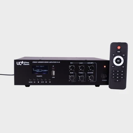 urban classic PA60 - 60Watts, Copper transformer 1 Mic Input, 2 Aux Input , Bluetooth, FM , USB (MP3, WMA playback), Pre Out , 4-16Ohm & 70/100V Speaker Output.