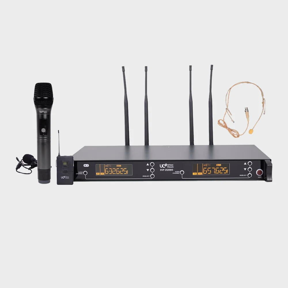 SVF212080-wireless-microphone Urban Classic SVF 212080 - Handheld + Body pack with Head Mic upto 90mts Coverage, UHF, Variable frequency, HISS Noise Cancelation 100+100 PreSet Channels - Image 1